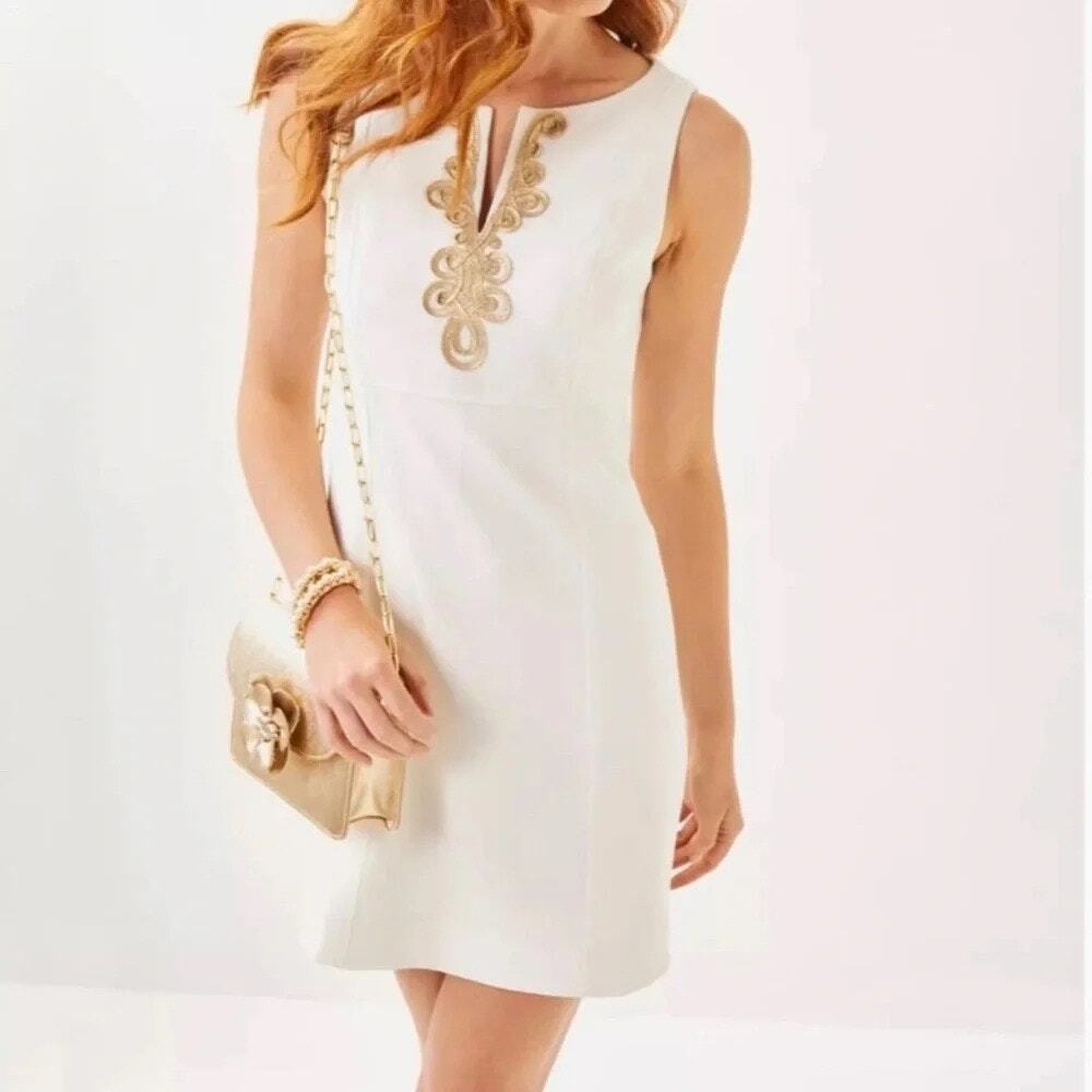 Lilly Pulitzer Trini Viscose Shift Dress, Resort White/Gold Dress, Sz 0